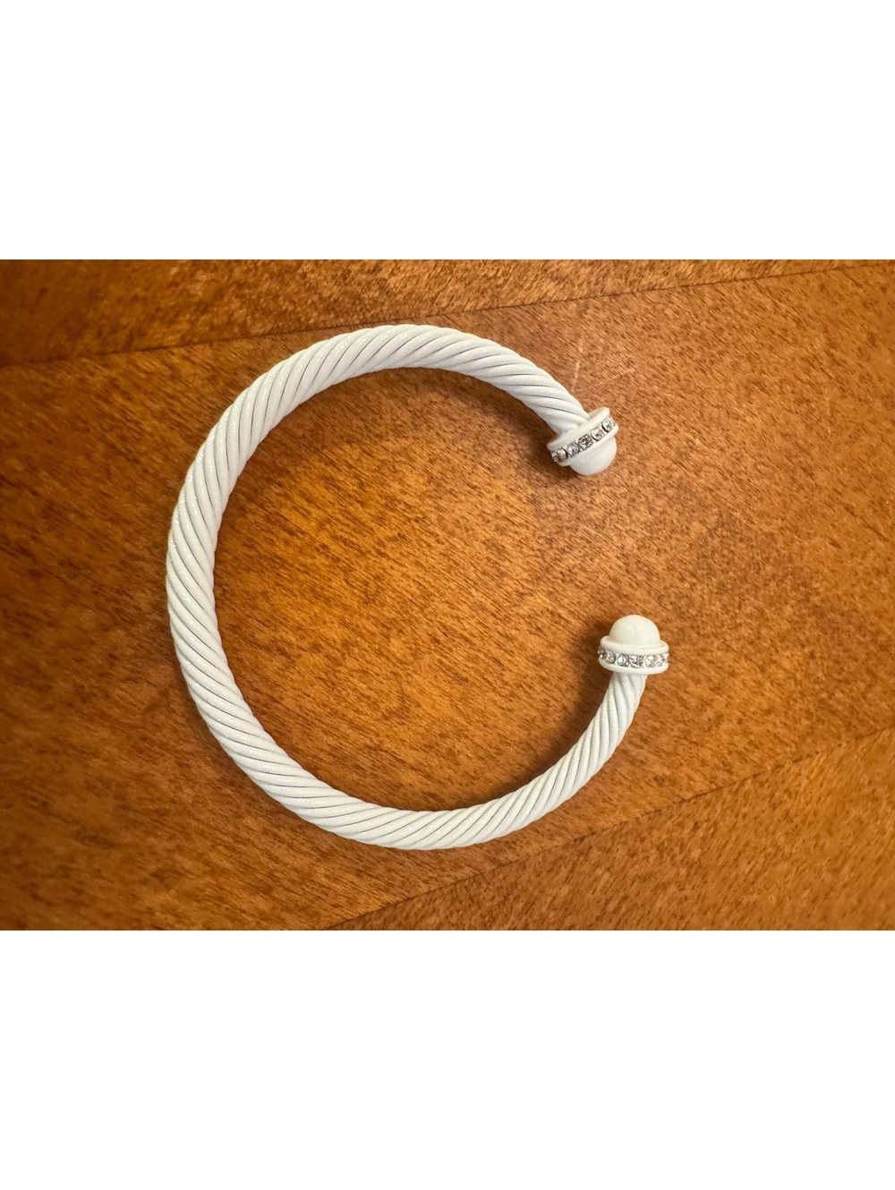 White Twisted Cable Open Cuff Bracelet with Rhinestone Accents 561